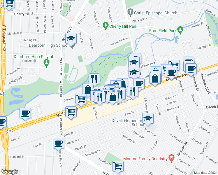map of restaurants, bars, coffee shops, grocery stores, and more near 22699 Garrison Street in Dearborn
