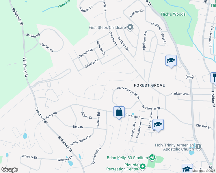 map of restaurants, bars, coffee shops, grocery stores, and more near 40 Blackthorn Dr in Worcester