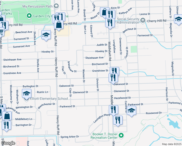 map of restaurants, bars, coffee shops, grocery stores, and more near 29689 Grandview in Inkster