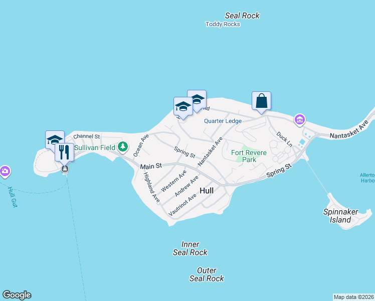 map of restaurants, bars, coffee shops, grocery stores, and more near 2 Cushing Street in Hull