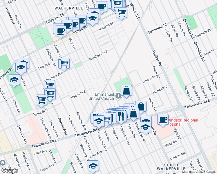 map of restaurants, bars, coffee shops, grocery stores, and more near 1641 Lincoln Road in Windsor