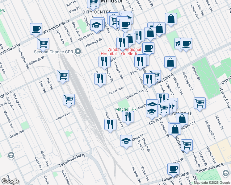 map of restaurants, bars, coffee shops, grocery stores, and more near 1170 Church Street in Windsor