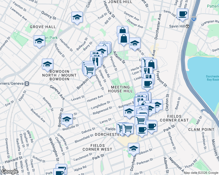 map of restaurants, bars, coffee shops, grocery stores, and more near 77 Mount Ida Road in Boston