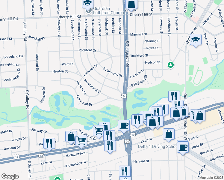 map of restaurants, bars, coffee shops, grocery stores, and more near 1074 Claremont Street in Dearborn