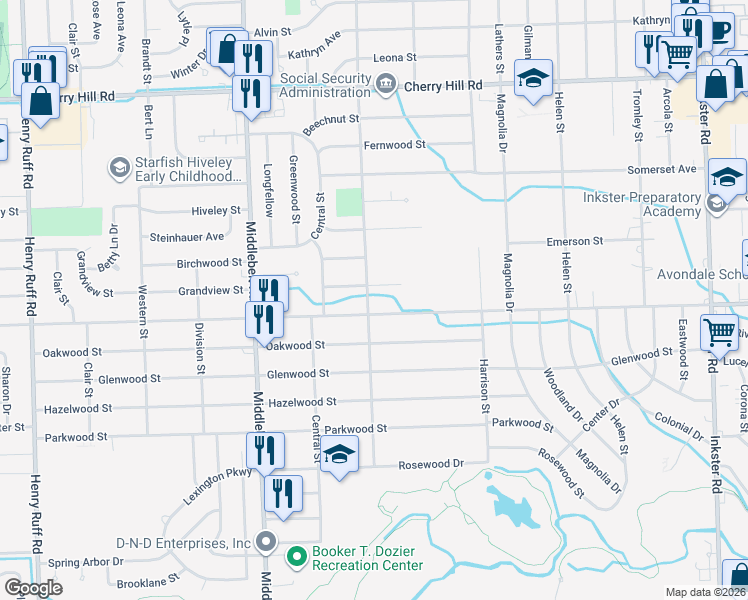 map of restaurants, bars, coffee shops, grocery stores, and more near 28750 Avondale Street in Inkster