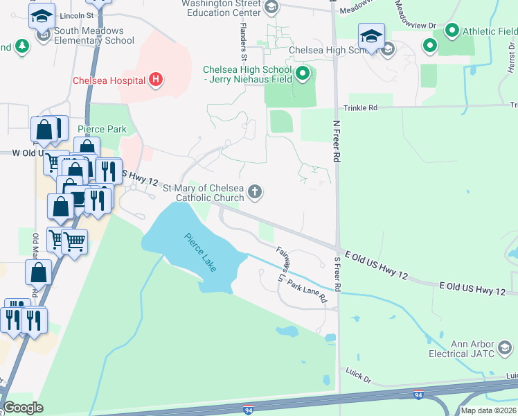 map of restaurants, bars, coffee shops, grocery stores, and more near 14200 East Old US Highway 12 in Chelsea