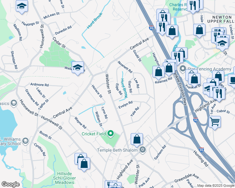 map of restaurants, bars, coffee shops, grocery stores, and more near 89 Elder Road in Needham