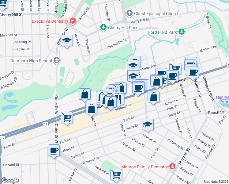 map of restaurants, bars, coffee shops, grocery stores, and more near 950 Howe Street in Dearborn