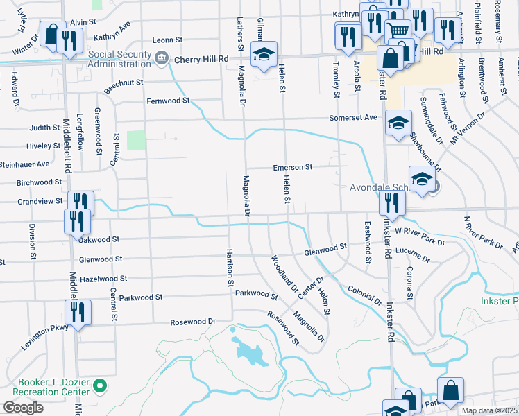 map of restaurants, bars, coffee shops, grocery stores, and more near 922 Magnolia Drive in Inkster
