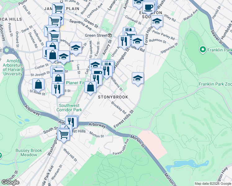 map of restaurants, bars, coffee shops, grocery stores, and more near 10 Plainfield Street in Boston