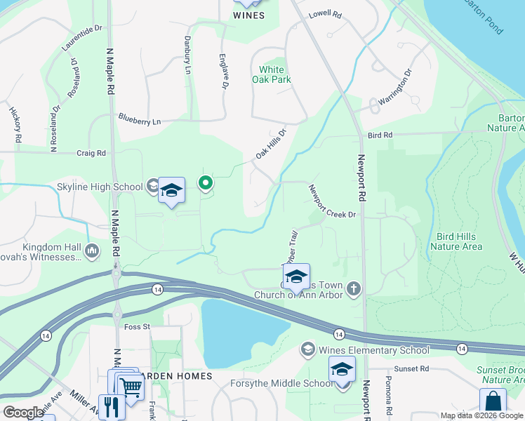 map of restaurants, bars, coffee shops, grocery stores, and more near 1715 Newport Creek Drive in Ann Arbor