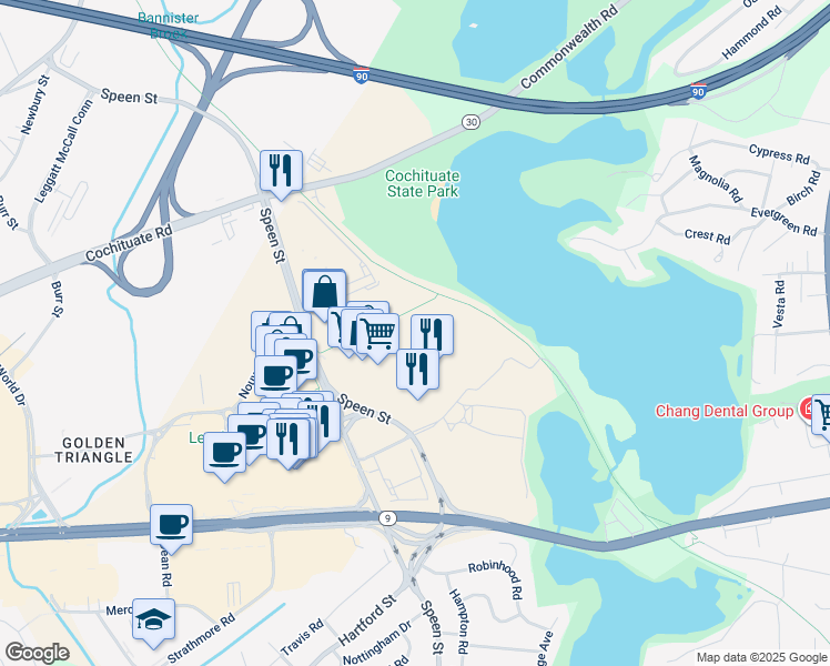 map of restaurants, bars, coffee shops, grocery stores, and more near 325 Speen Street in Natick
