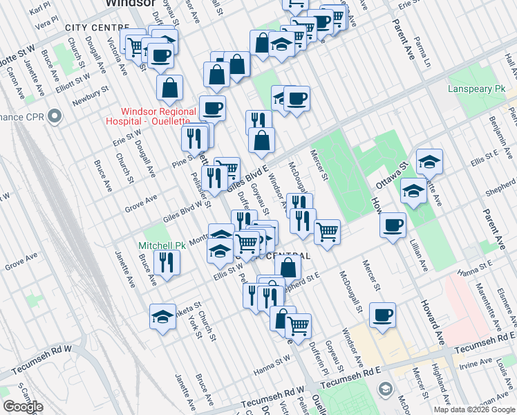 map of restaurants, bars, coffee shops, grocery stores, and more near 1285 Dufferin Place in Windsor
