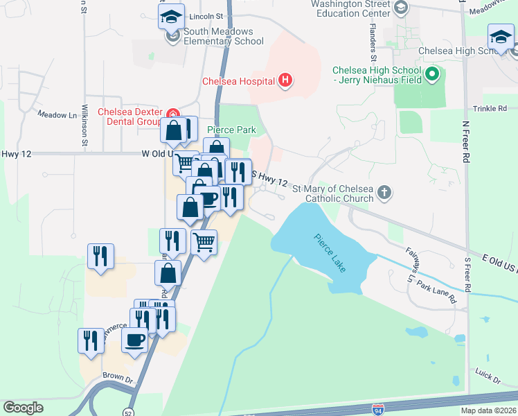 map of restaurants, bars, coffee shops, grocery stores, and more near 212 Pierce Lake Drive in Chelsea