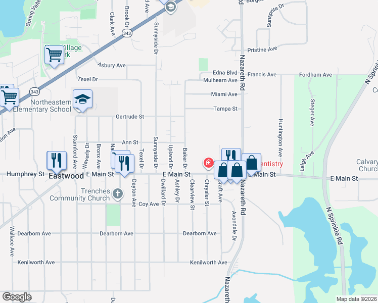 map of restaurants, bars, coffee shops, grocery stores, and more near 1310 Baker Drive in Kalamazoo