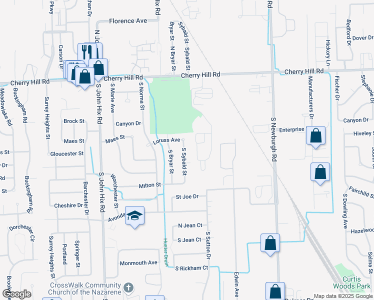 map of restaurants, bars, coffee shops, grocery stores, and more near 443 South Sybald Street in Westland