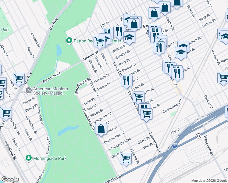 map of restaurants, bars, coffee shops, grocery stores, and more near 8797 Lane Street in Detroit