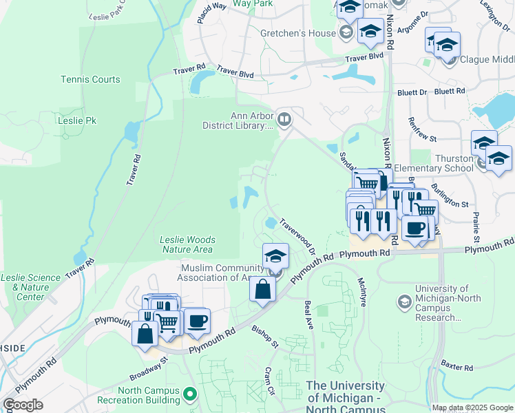 map of restaurants, bars, coffee shops, grocery stores, and more near 2225 Traverwood Drive in Ann Arbor