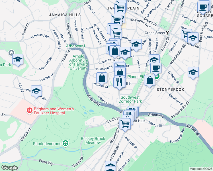 map of restaurants, bars, coffee shops, grocery stores, and more near 49 Saint Rose Street in Boston