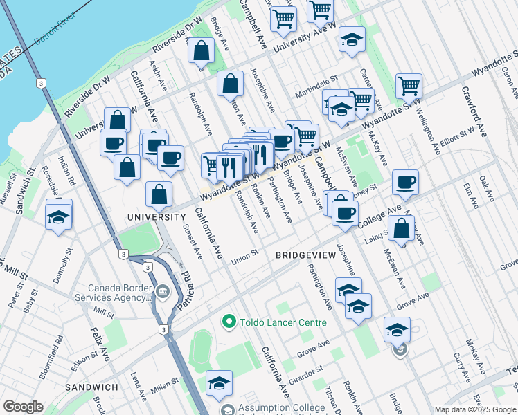 map of restaurants, bars, coffee shops, grocery stores, and more near 697 Rankin Avenue in Windsor