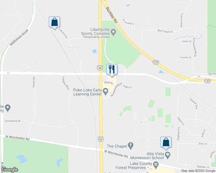 map of restaurants, bars, coffee shops, grocery stores, and more near 2061 Shell Drive in Libertyville