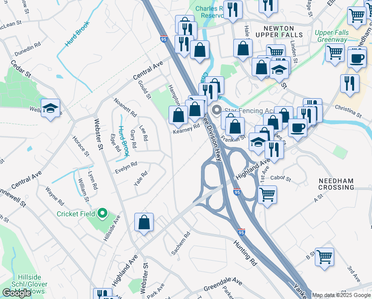 map of restaurants, bars, coffee shops, grocery stores, and more near 160 Gould Street in Needham