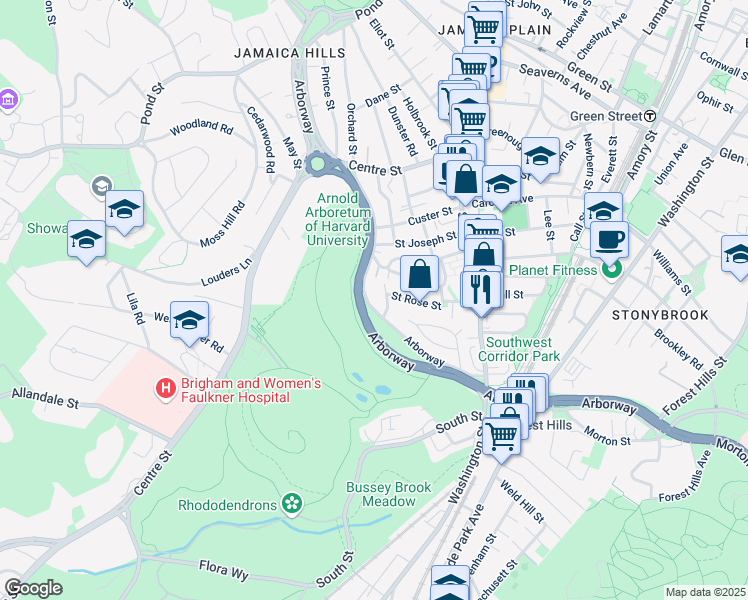 map of restaurants, bars, coffee shops, grocery stores, and more near 266 Arborway in Boston