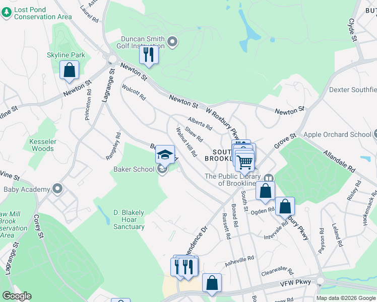 map of restaurants, bars, coffee shops, grocery stores, and more near 118 Walnut Hill Road in Brookline