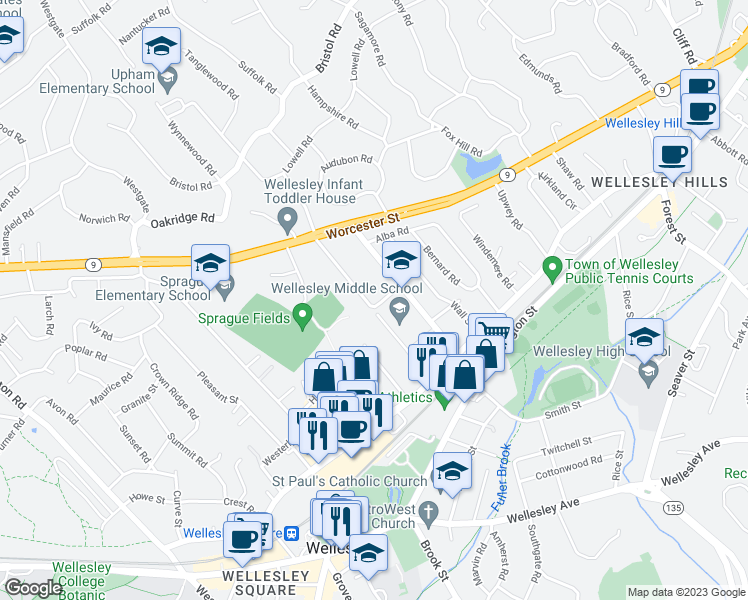 map of restaurants, bars, coffee shops, grocery stores, and more near 42 Calvin Road in Wellesley