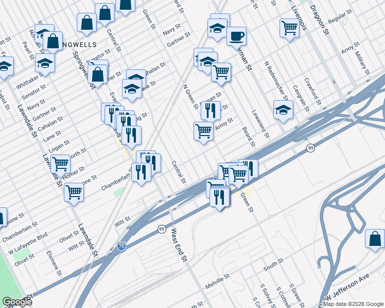 map of restaurants, bars, coffee shops, grocery stores, and more near 7401 West Lafayette Boulevard in Detroit