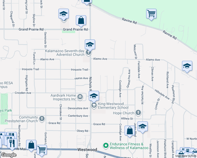 map of restaurants, bars, coffee shops, grocery stores, and more near 1343 Calhoun Street in Kalamazoo