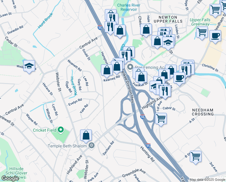 map of restaurants, bars, coffee shops, grocery stores, and more near 160 Gould Street in Needham