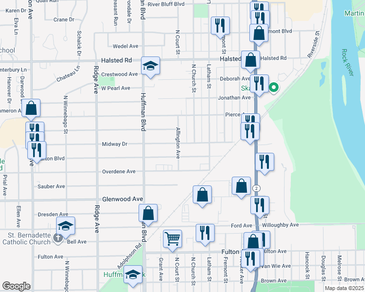 map of restaurants, bars, coffee shops, grocery stores, and more near 1522 Midway Drive in Rockford