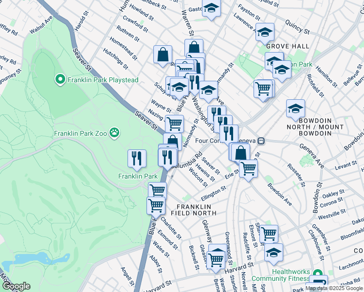 map of restaurants, bars, coffee shops, grocery stores, and more near 349 Seaver Street in Boston