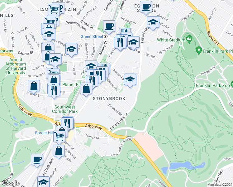 map of restaurants, bars, coffee shops, grocery stores, and more near 10 Plainfield Street in Boston