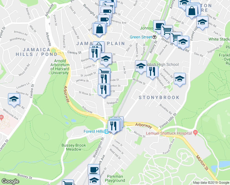 map of restaurants, bars, coffee shops, grocery stores, and more near 22 Rosemary Street in Boston
