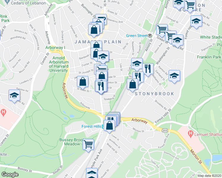 map of restaurants, bars, coffee shops, grocery stores, and more near 22 Rosemary Street in Boston