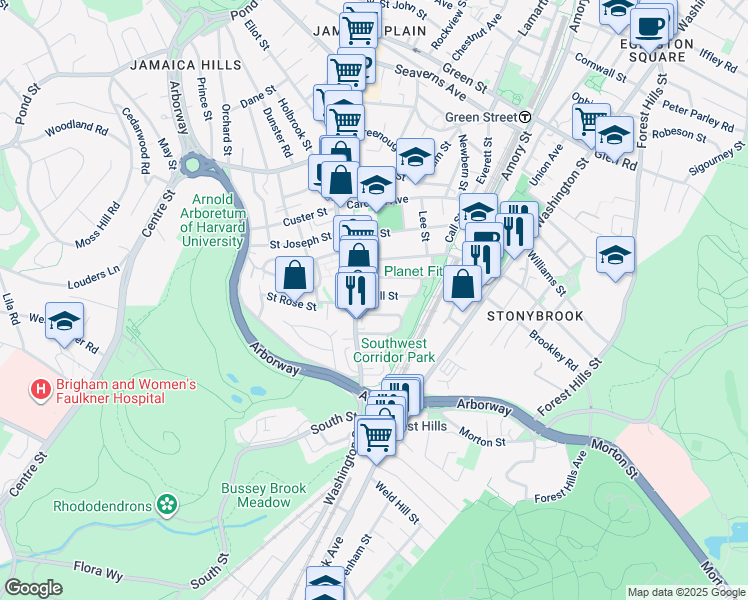map of restaurants, bars, coffee shops, grocery stores, and more near 22 Rosemary Street in Boston