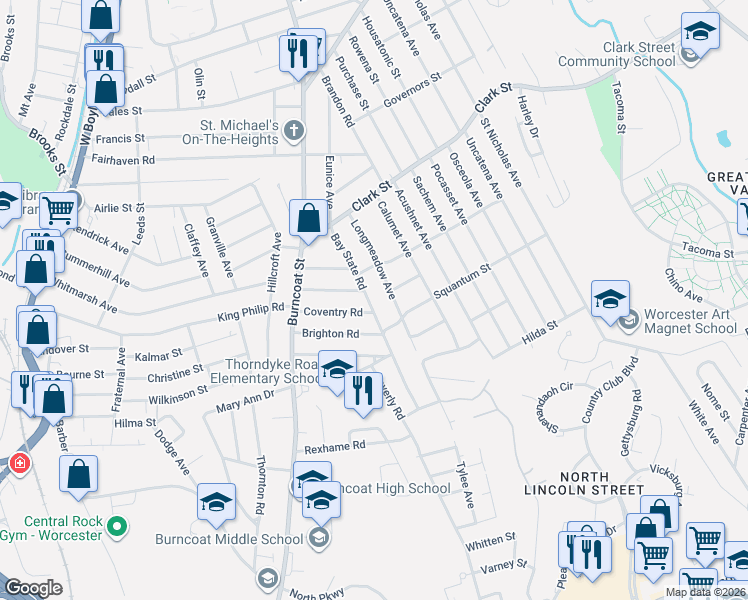 map of restaurants, bars, coffee shops, grocery stores, and more near 44 Longmeadow Avenue in Worcester