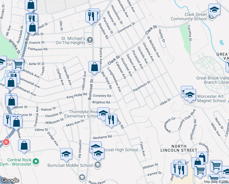 map of restaurants, bars, coffee shops, grocery stores, and more near 44 Longmeadow Avenue in Worcester