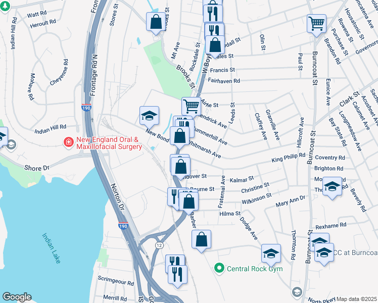 map of restaurants, bars, coffee shops, grocery stores, and more near 5 King Philip Road in Worcester