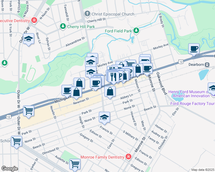 map of restaurants, bars, coffee shops, grocery stores, and more near 22315 Michigan Avenue in Dearborn