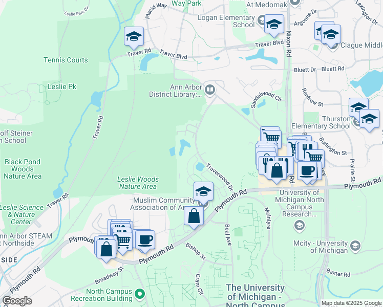 map of restaurants, bars, coffee shops, grocery stores, and more near 2384 Devon Circle in Ann Arbor