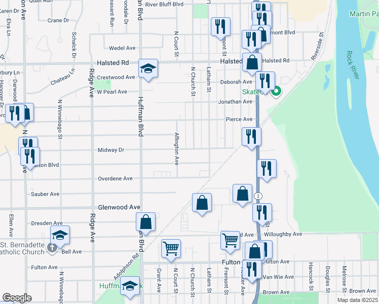 map of restaurants, bars, coffee shops, grocery stores, and more near 1522 Midway Drive in Rockford