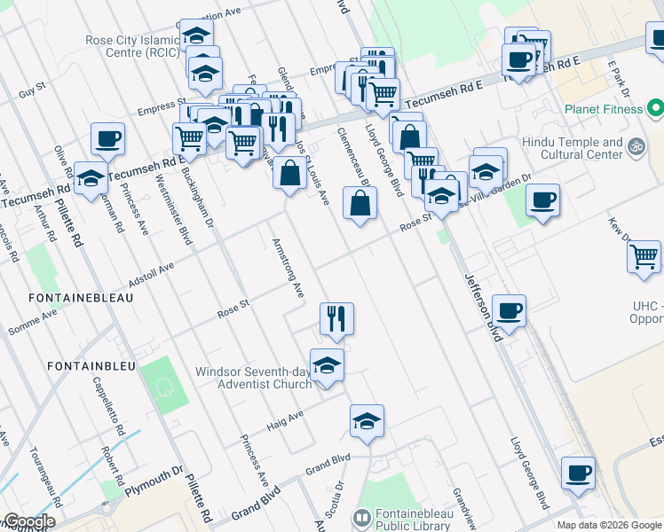map of restaurants, bars, coffee shops, grocery stores, and more near 5575 Rose Street in Windsor