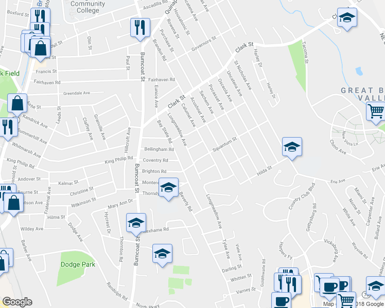 map of restaurants, bars, coffee shops, grocery stores, and more near 59 Longmeadow Avenue in Worcester