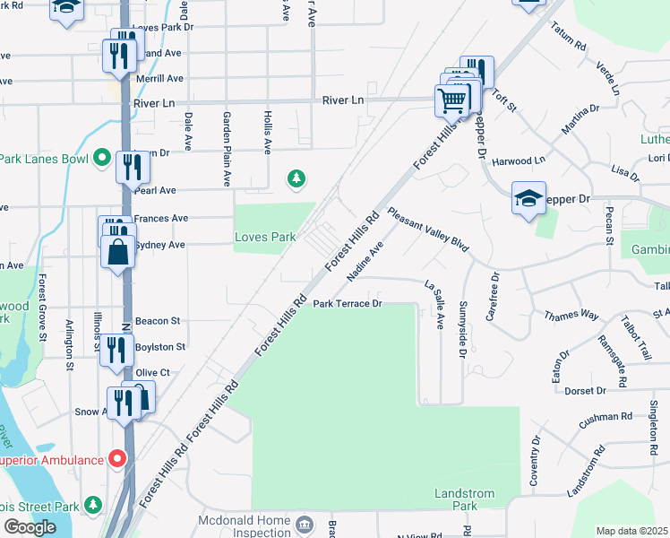 map of restaurants, bars, coffee shops, grocery stores, and more near 3126 Nadine Avenue in Rockford