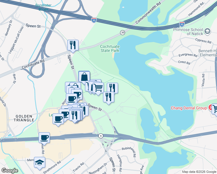 map of restaurants, bars, coffee shops, grocery stores, and more near 325 Speen Street in Natick