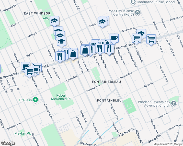 map of restaurants, bars, coffee shops, grocery stores, and more near 2426 Francois Road in Windsor