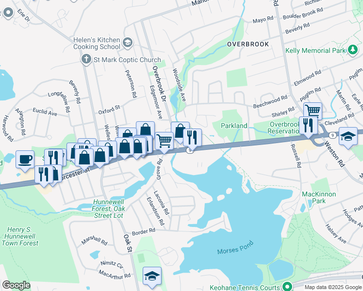 map of restaurants, bars, coffee shops, grocery stores, and more near 987 Massachusetts 9 in Wellesley